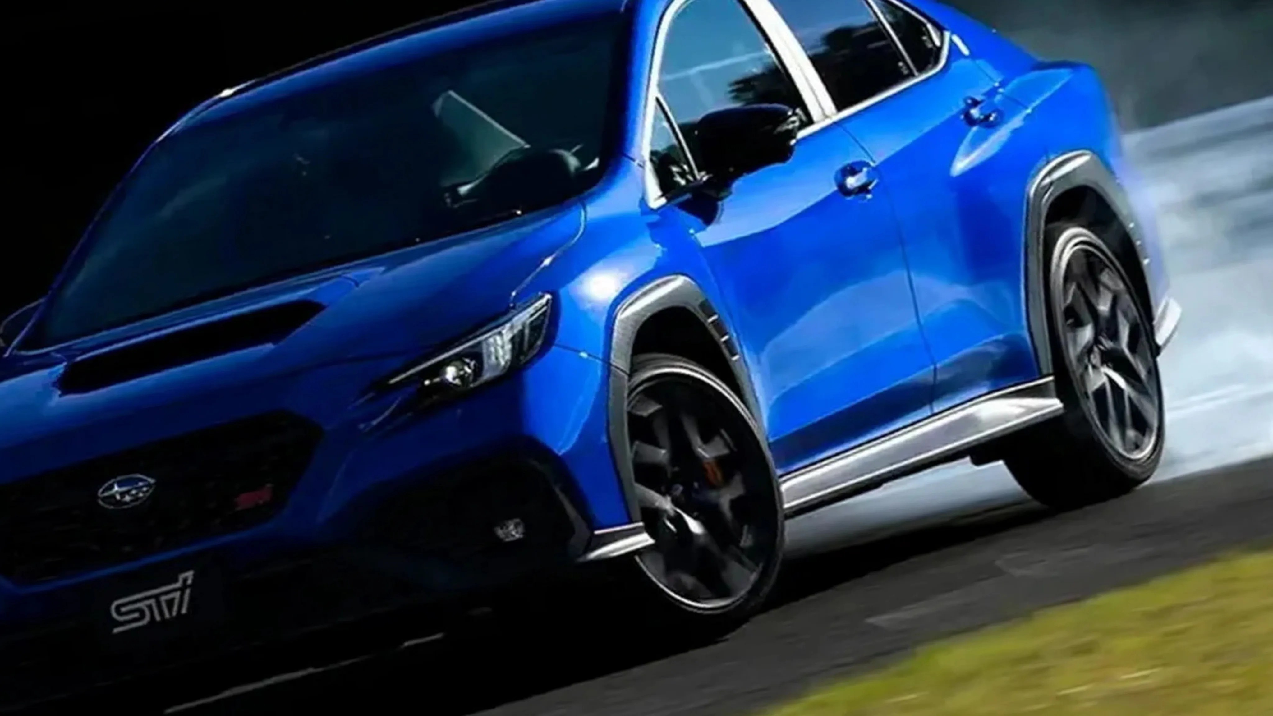 Blue Subaru WRX STI sedan drifting on a racetrack with smoke from rear tires.