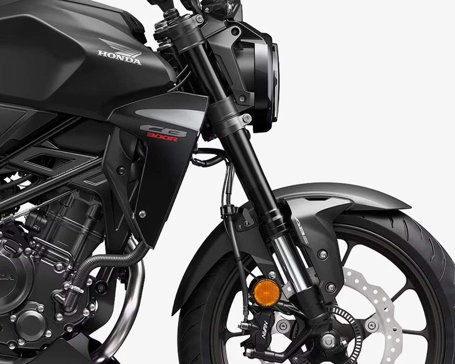 Close-up of the front section of a black Honda CB300R motorcycle showing the front wheel, suspension, and engine details.