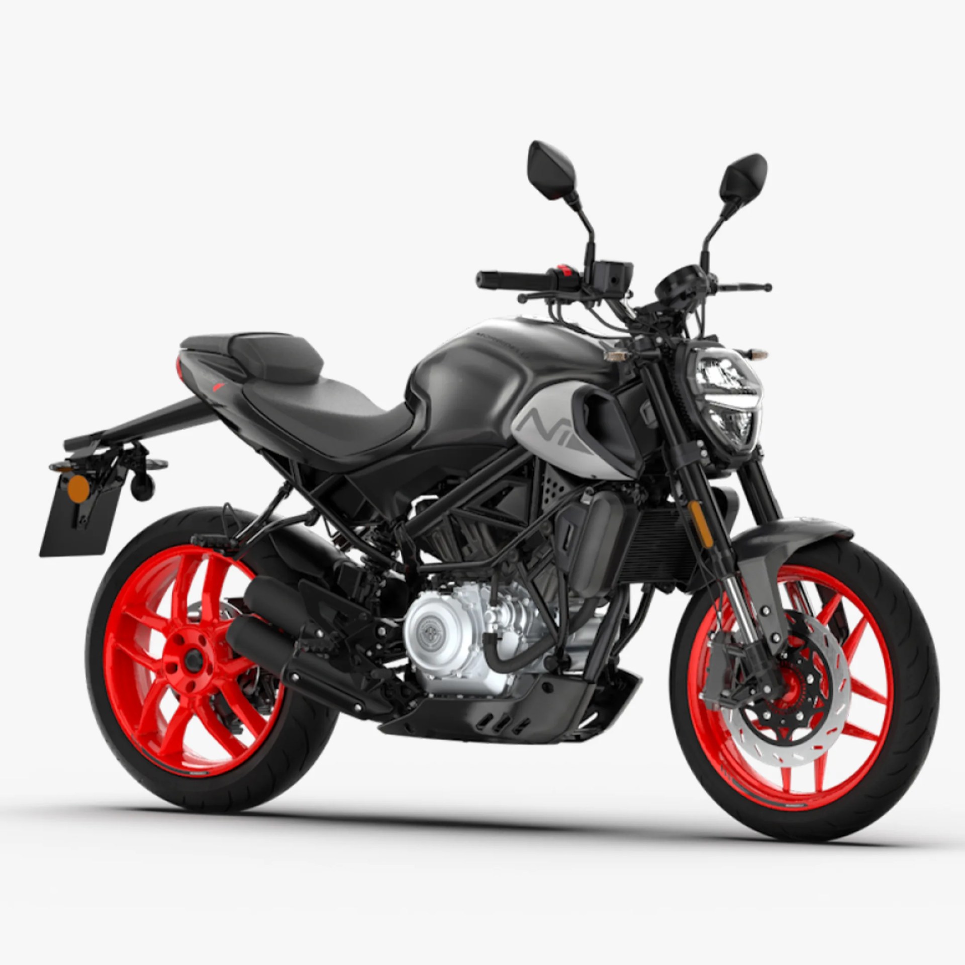 Black motorcycle with bright red wheels and a matte finish fuel tank.