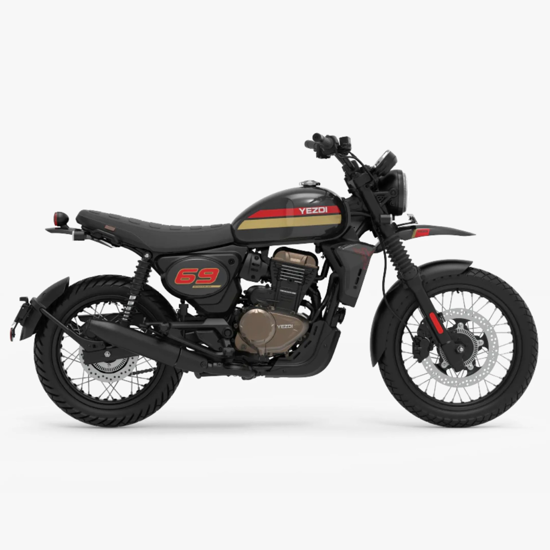 Black Yezdi motorcycle with red and gold stripes on the fuel tank and the number 69 on the side panel.