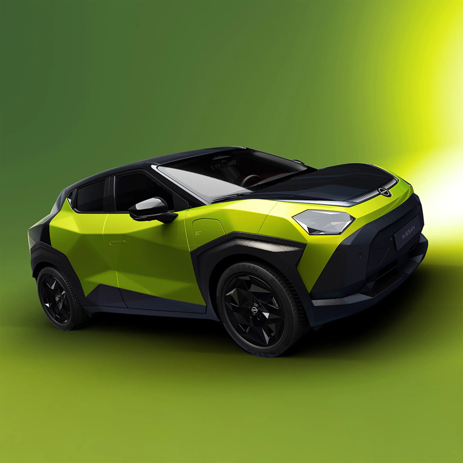 Bright green and black compact Nissan SUV with angular design and black geometric wheels on green background.