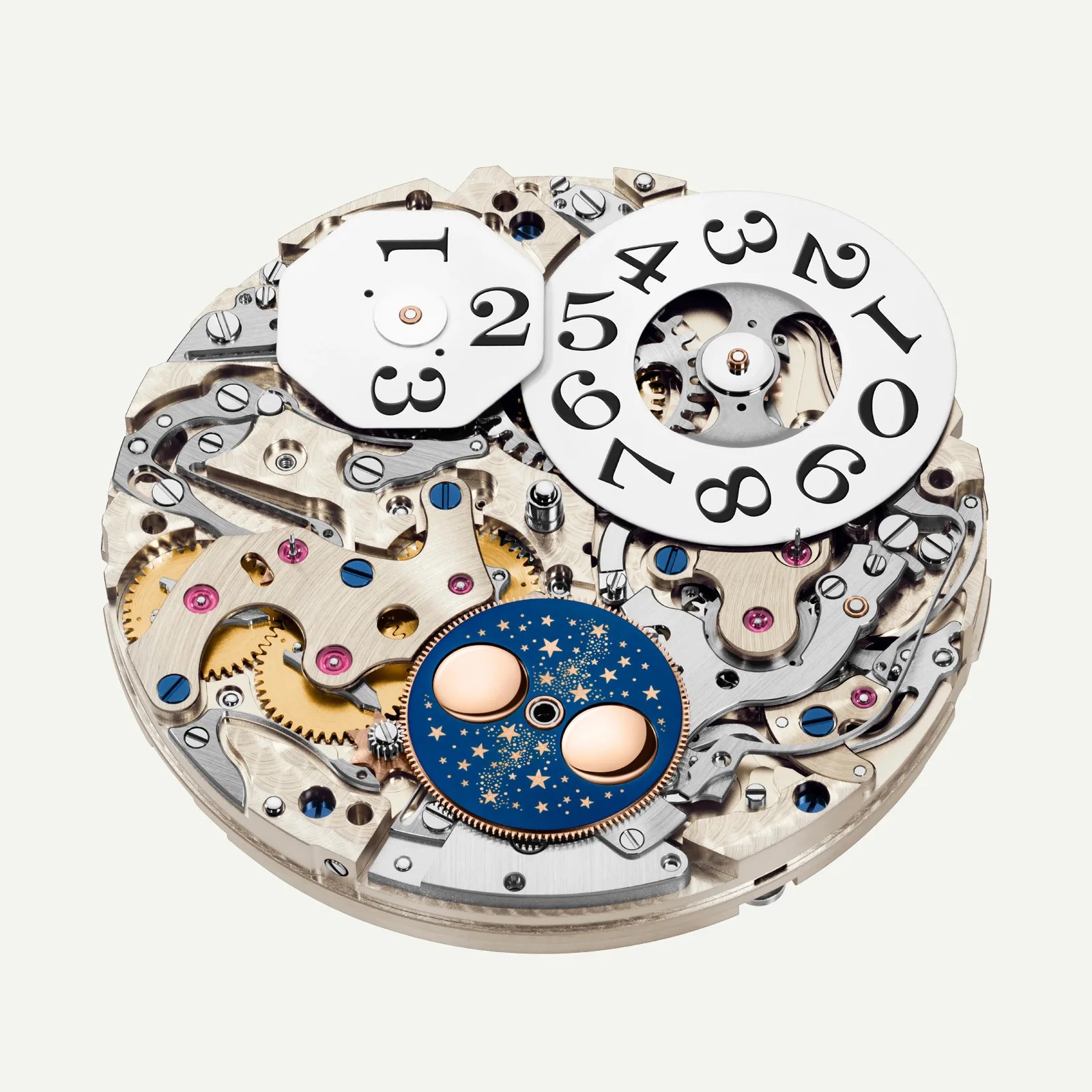 Intricate watch movement with visible gears, screws, numbered date and day discs, and a blue moon phase indicator with gold stars.