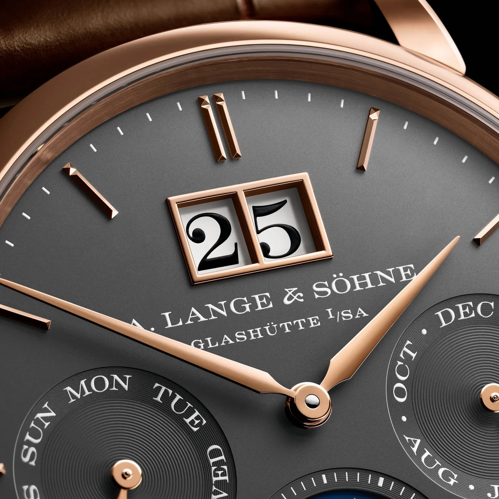 Close-up of a black A. Lange & Söhne watch face with rose gold hands, date display showing 25, and day and month subdials.