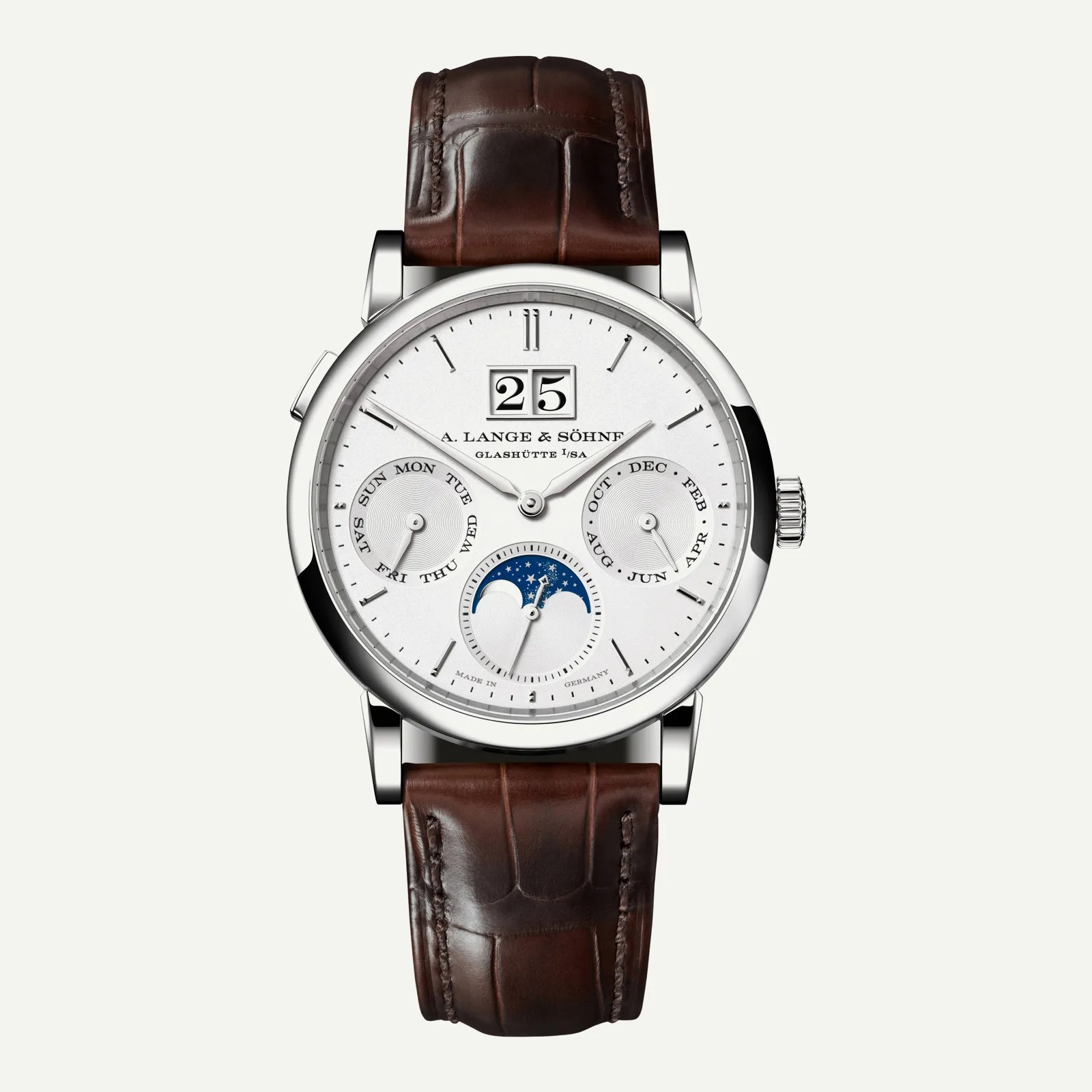 Silver A. Lange & S&ouml;hne wristwatch with white dial, moon phase display, day and month subdials, and brown leather strap.