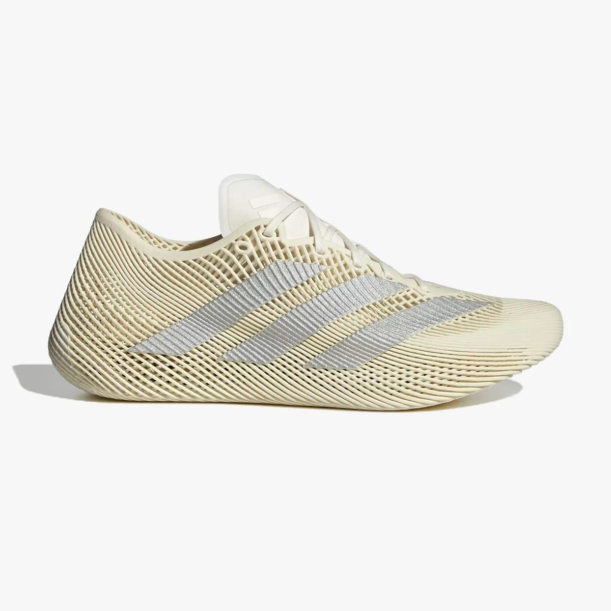 Beige Adidas running shoe with a ribbed, cage-like design and silver three-stripe logo on the side.