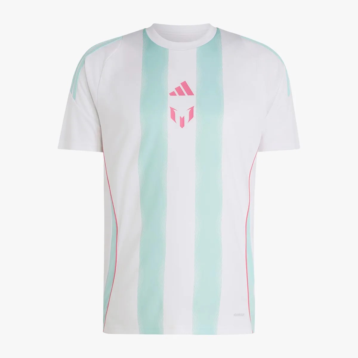 White short-sleeve sports shirt with light blue vertical stripes and pink Adidas logo on the chest.