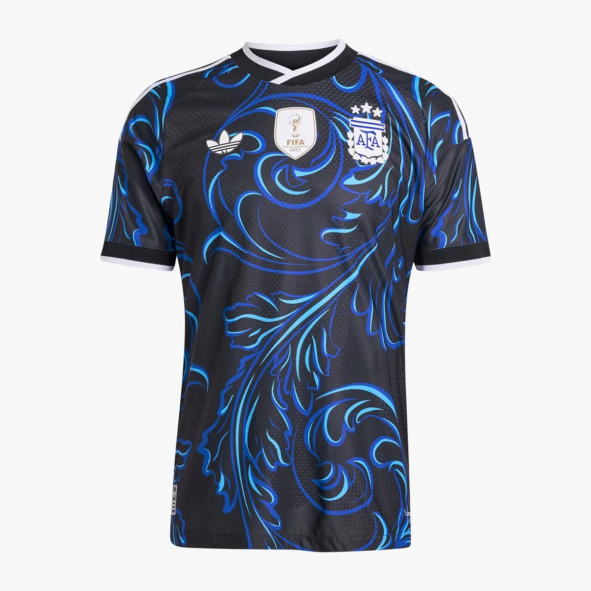Black and blue Argentina soccer jersey with FIFA 2022 champions badge and Adidas logo.