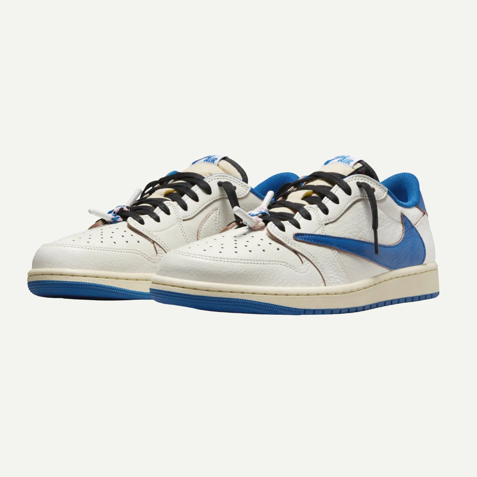 Pair of white leather sneakers with blue Nike swoosh, black laces, and blue inner lining on a white background.
