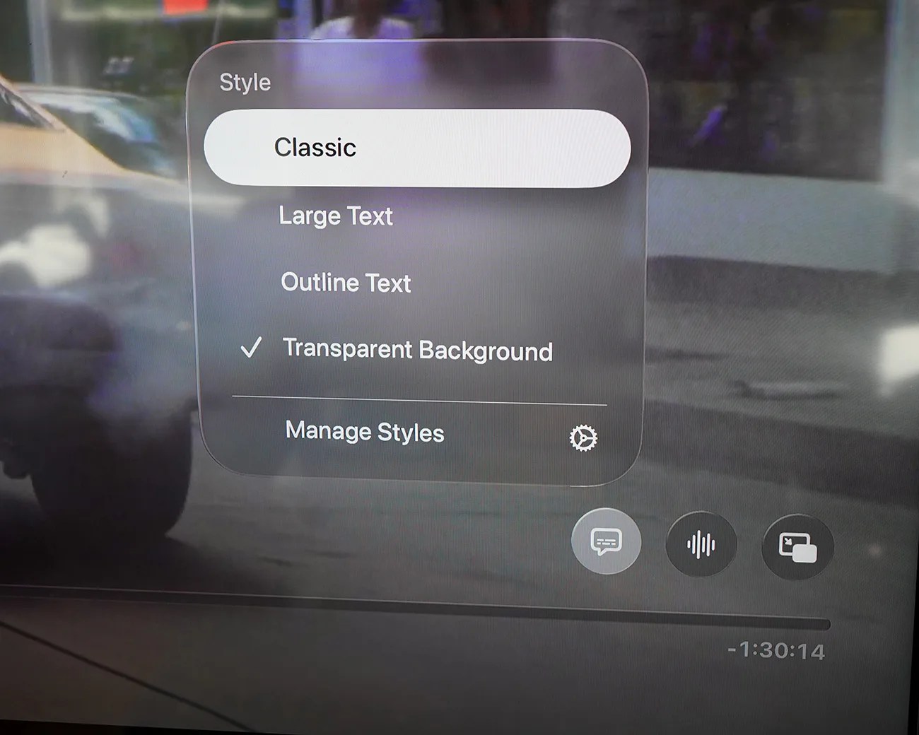 On-screen menu showing text style options with "Classic" selected and "Transparent Background" checked.