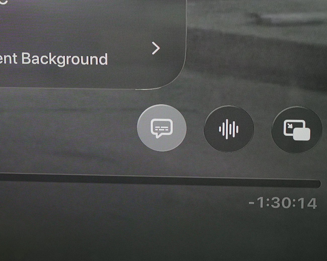 Video player interface showing closed caption, audio, and picture-in-picture icons above a progress bar with 1:30:14 remaining time.