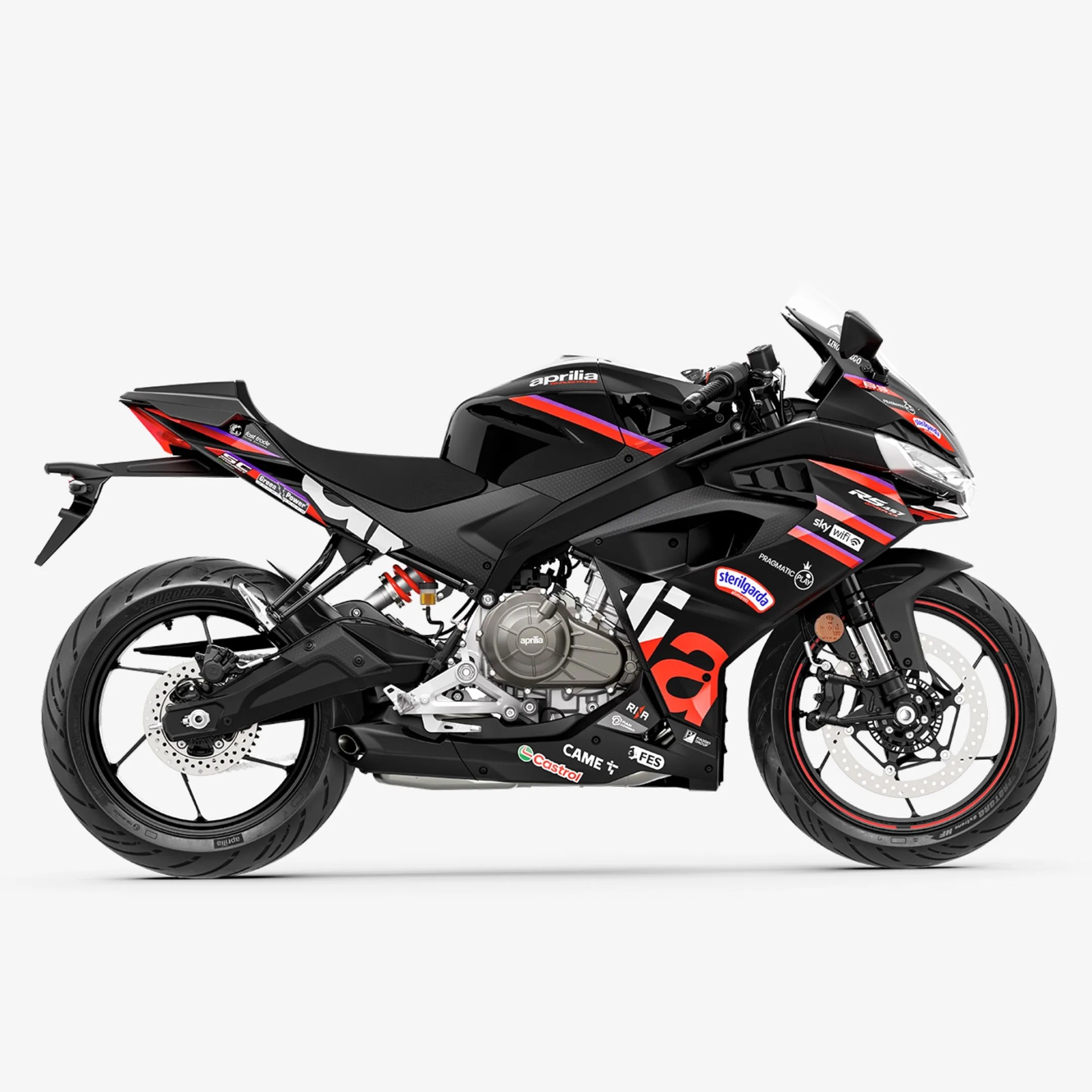 Black Aprilia sport motorcycle with red and purple racing stripes and sponsor logos on a white background.