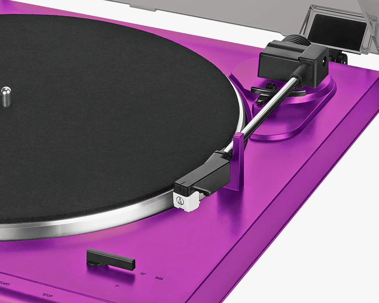 Purple turntable with black tonearm and cartridge on a white background.