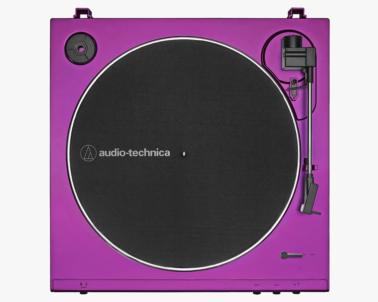 Purple Audio-Technica turntable with black platter and tonearm on a white background.