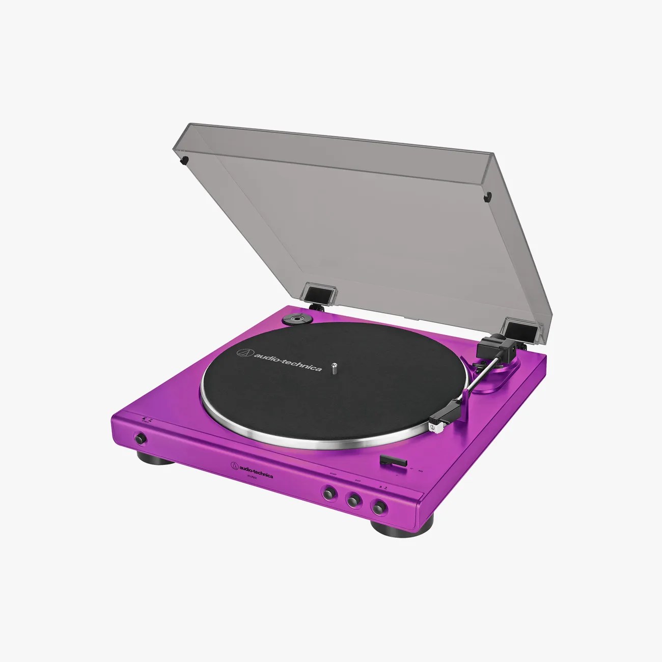 Purple Audio-Technica turntable with black platter and transparent dust cover open.
