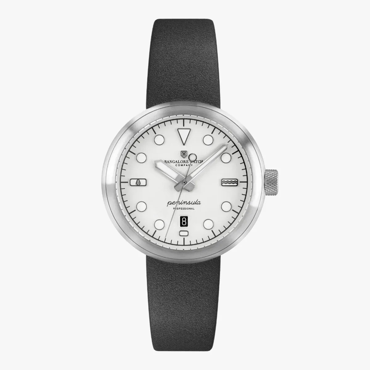 Silver round wristwatch with white dial, black hour markers, black rubber strap, and date display at 6 o'clock.