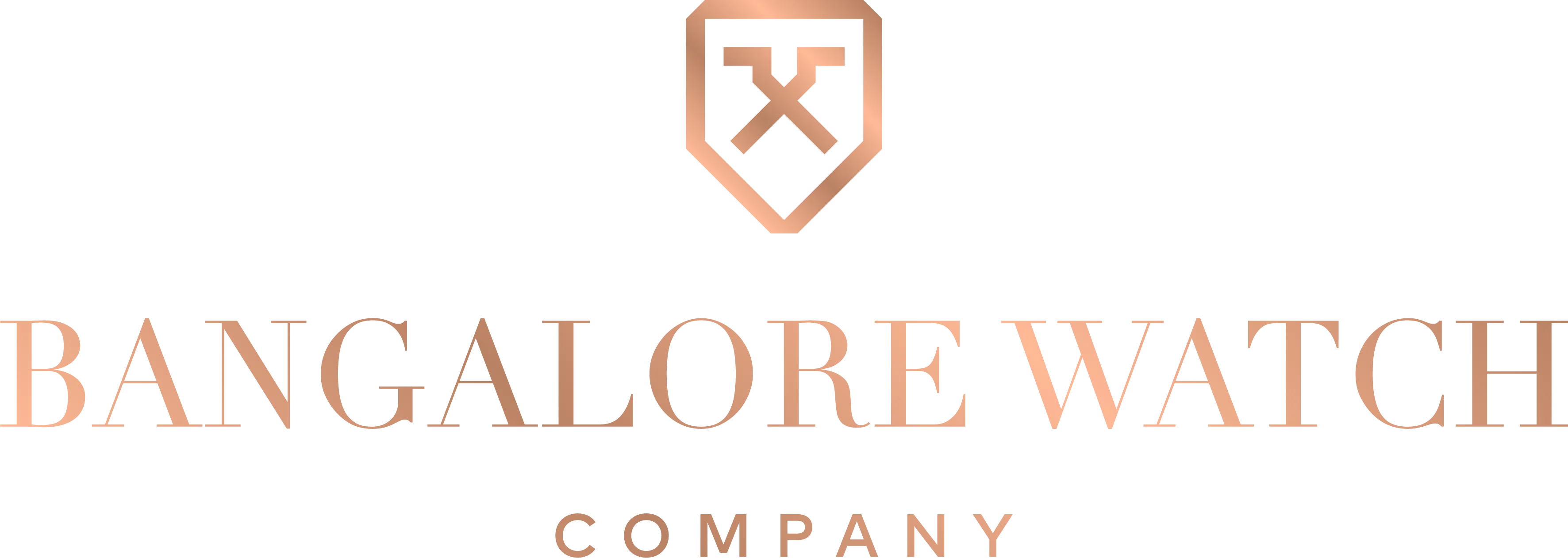 Bangalore Watch Company logo with a rose gold shield emblem featuring crossed tools above the brand name in rose gold serif font.