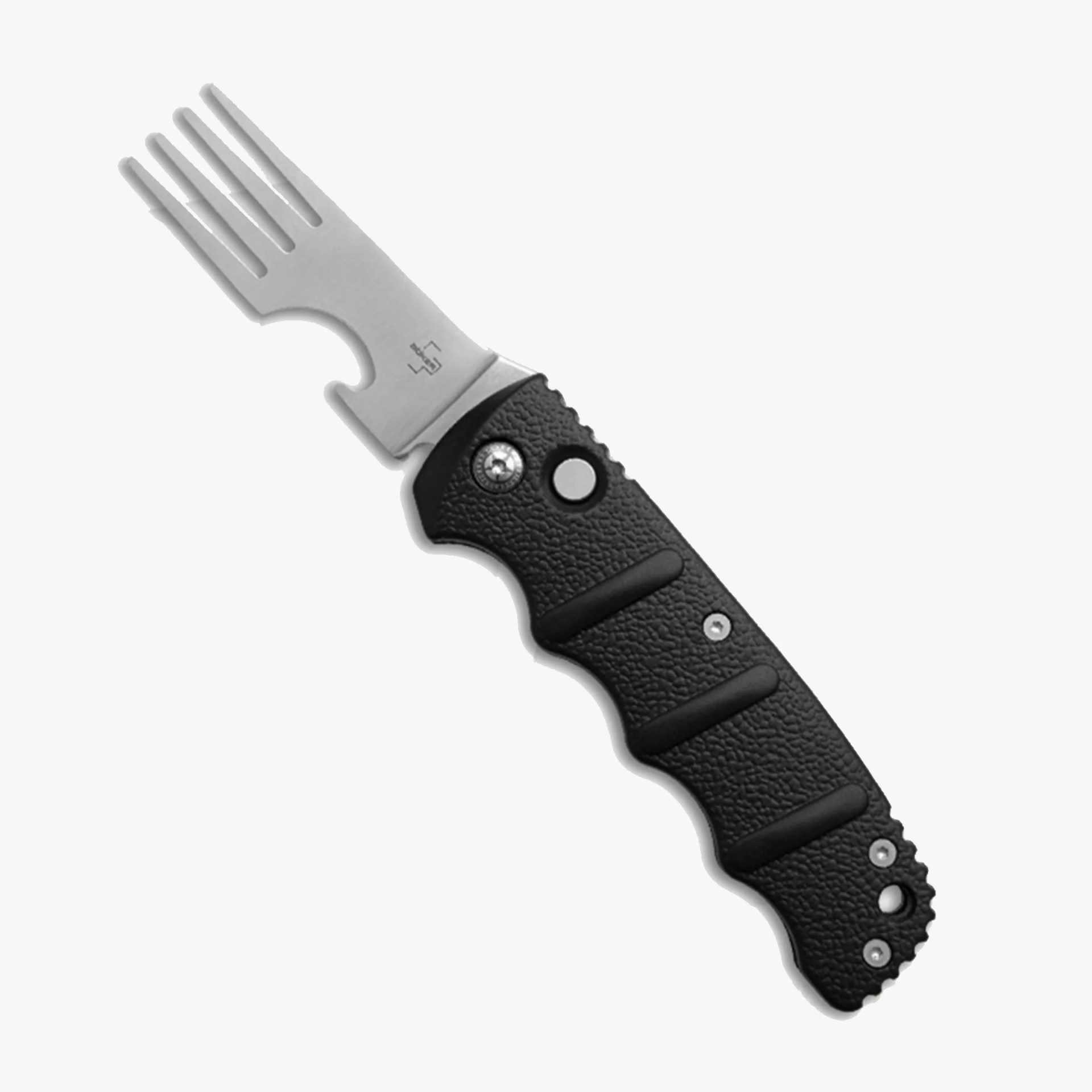 Folding fork with a stainless steel head and textured black handle with finger grooves.