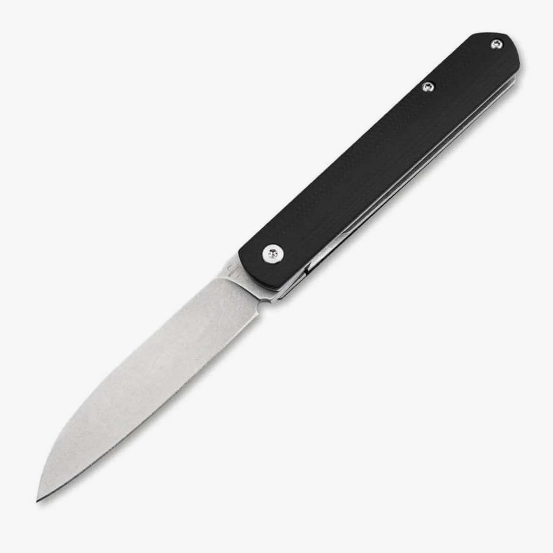 Folding knife with a matte silver blade and a black handle secured by three screws.