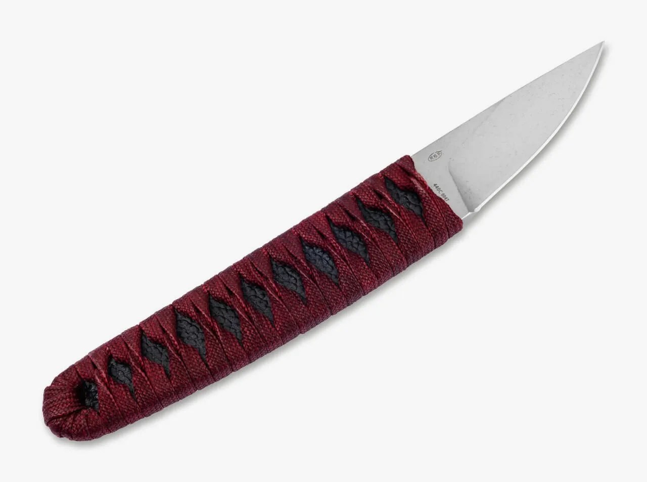 Knife with a silver blade and a handle wrapped in dark red and black textured cord.