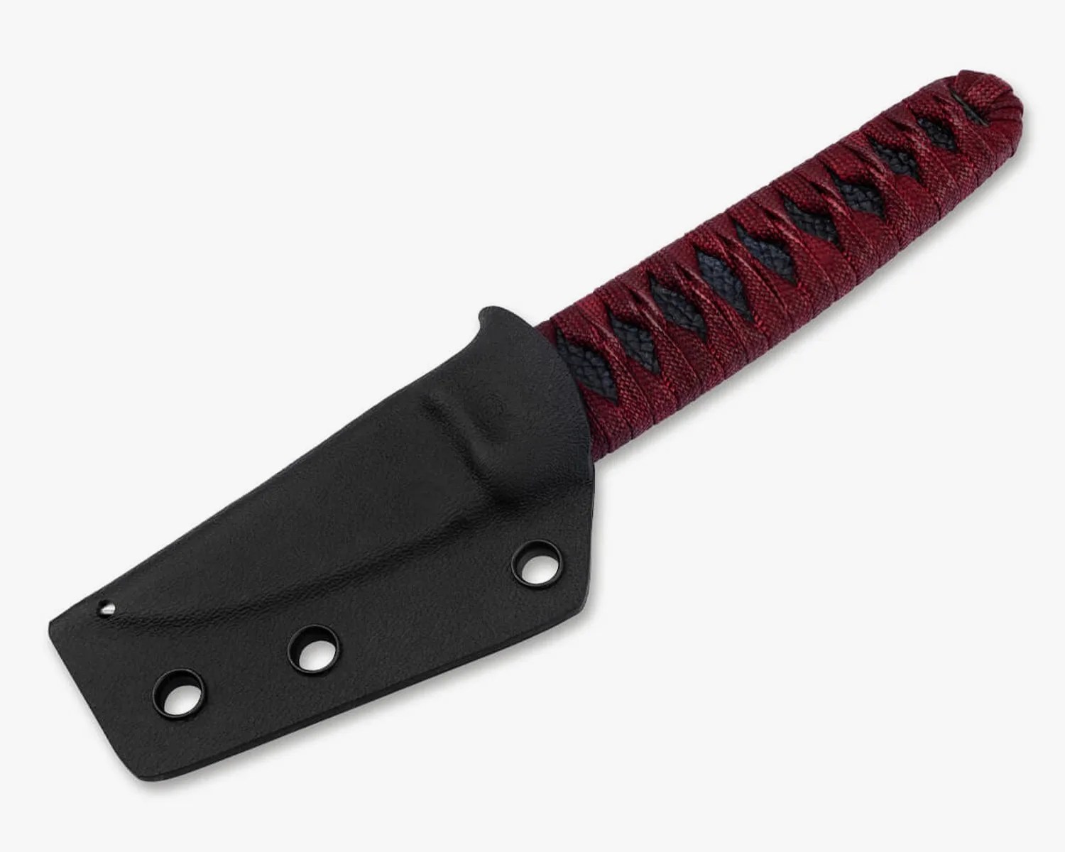 Knife with a black blade cover and a handle wrapped in dark red and black cord.