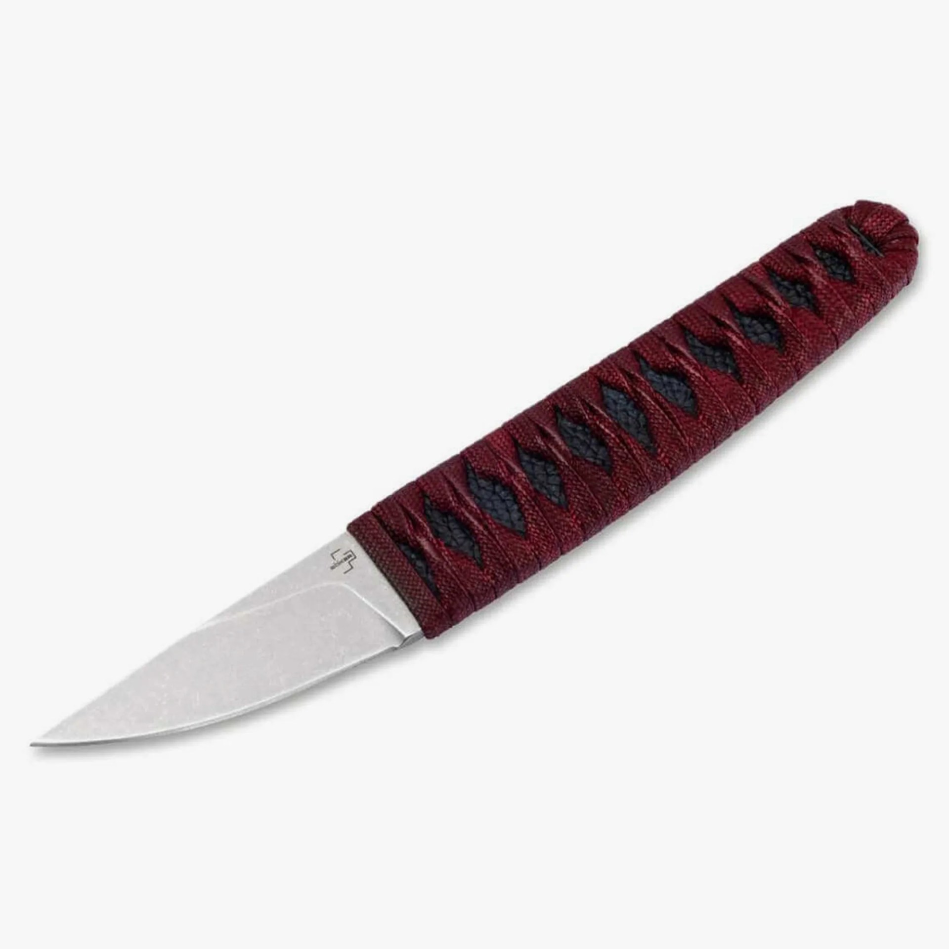 Knife with a stonewashed blade and a handle wrapped in burgundy cord over black textured material.