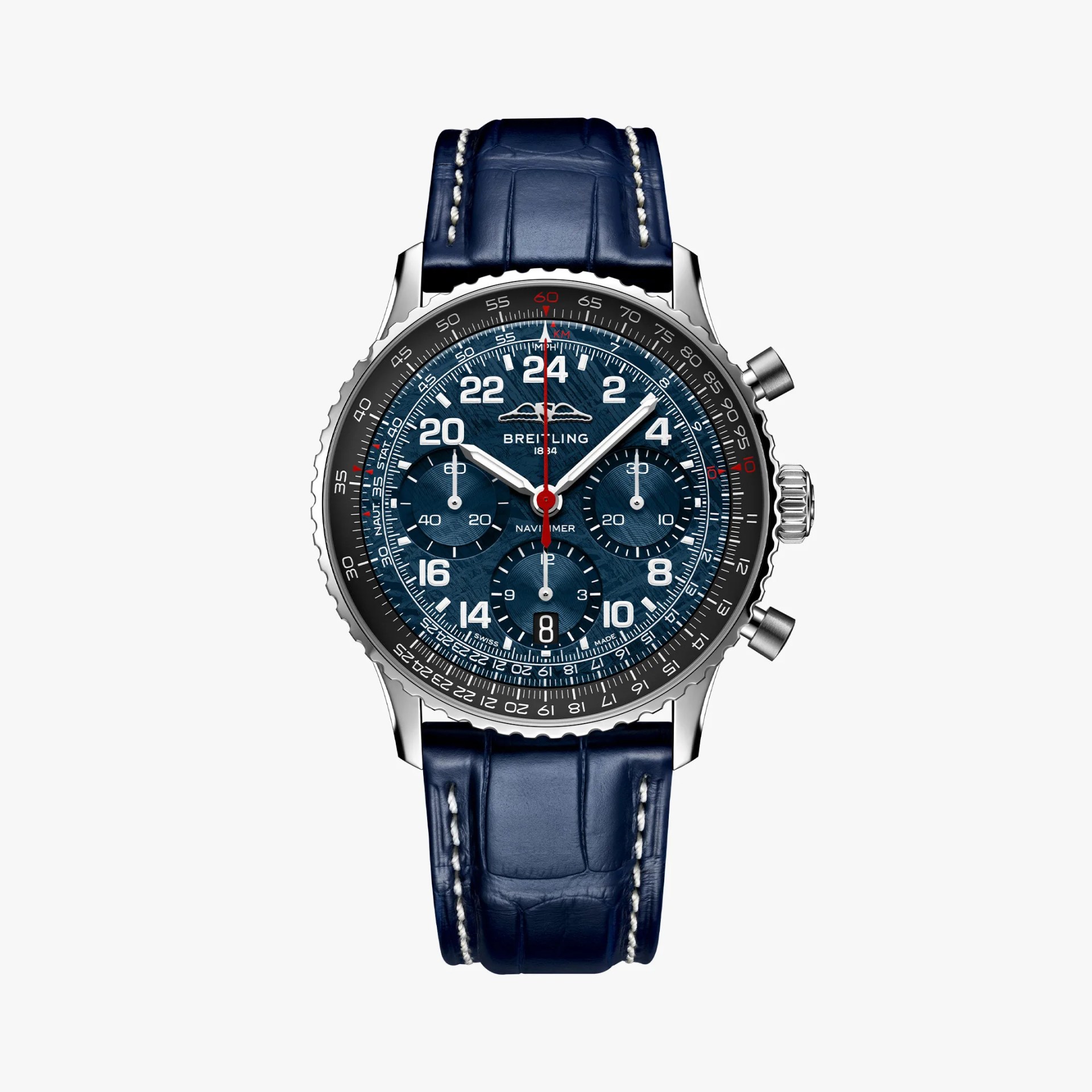 Breitling Navitimer wristwatch with blue textured dial, white numerals, chronograph subdials, and blue leather strap.