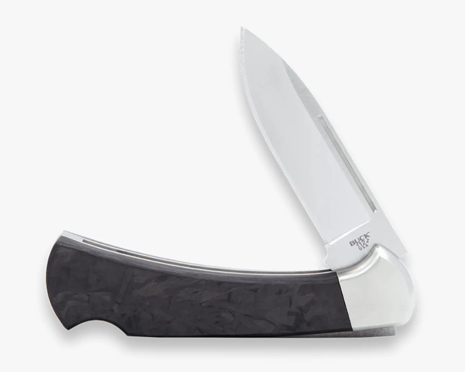 Folding pocket knife with a polished stainless steel blade and a dark textured handle.