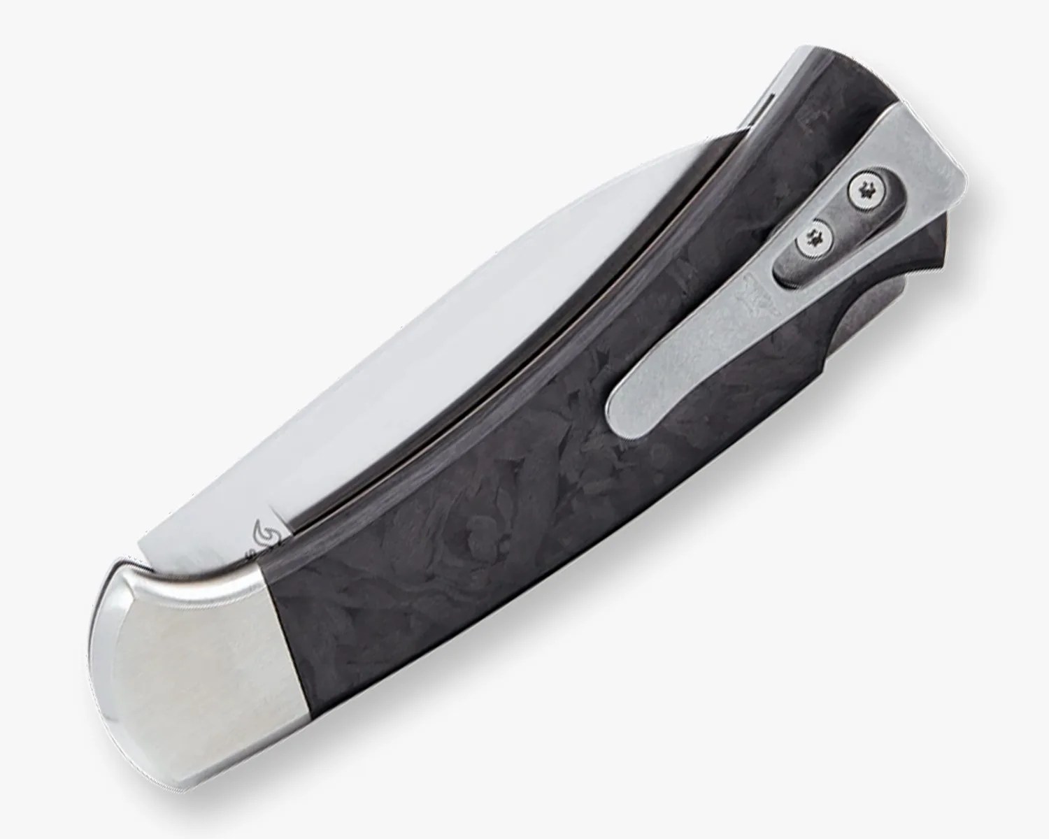 Folded pocket knife with a black textured handle and silver metal accents including a clip.