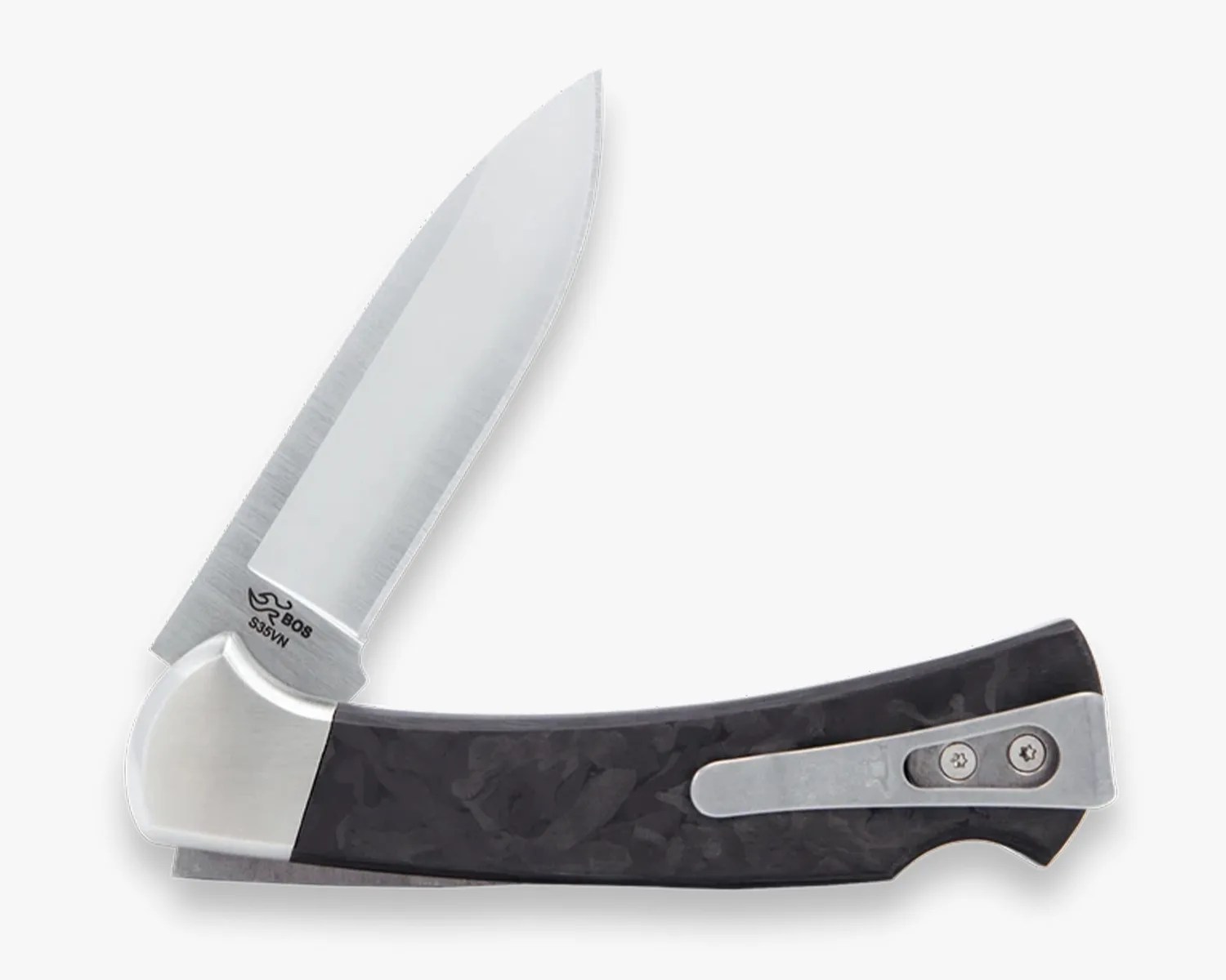 Folding knife with a partially open stainless steel blade and a black textured handle with a metal clip.