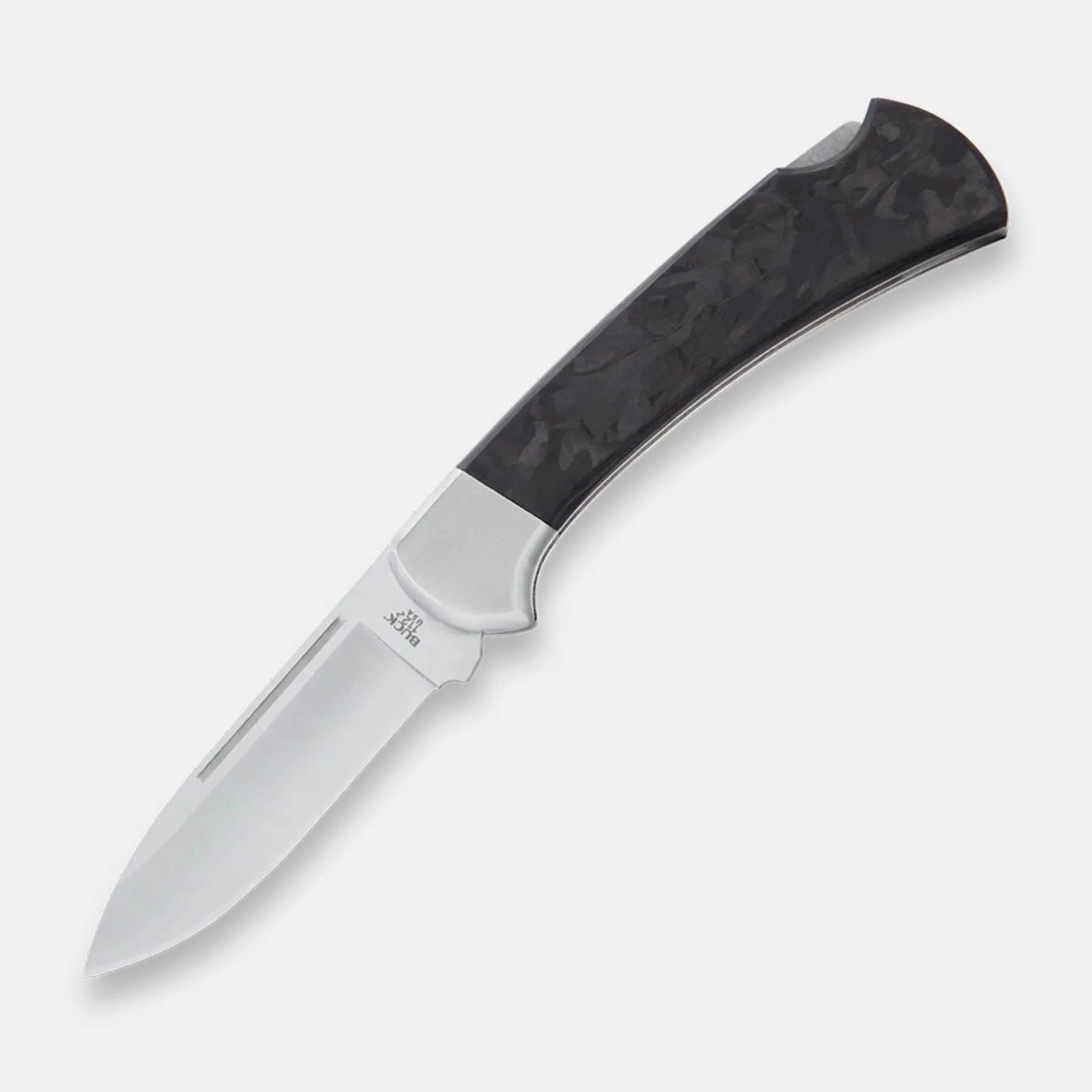 Knife with a polished stainless steel blade and a black textured handle.