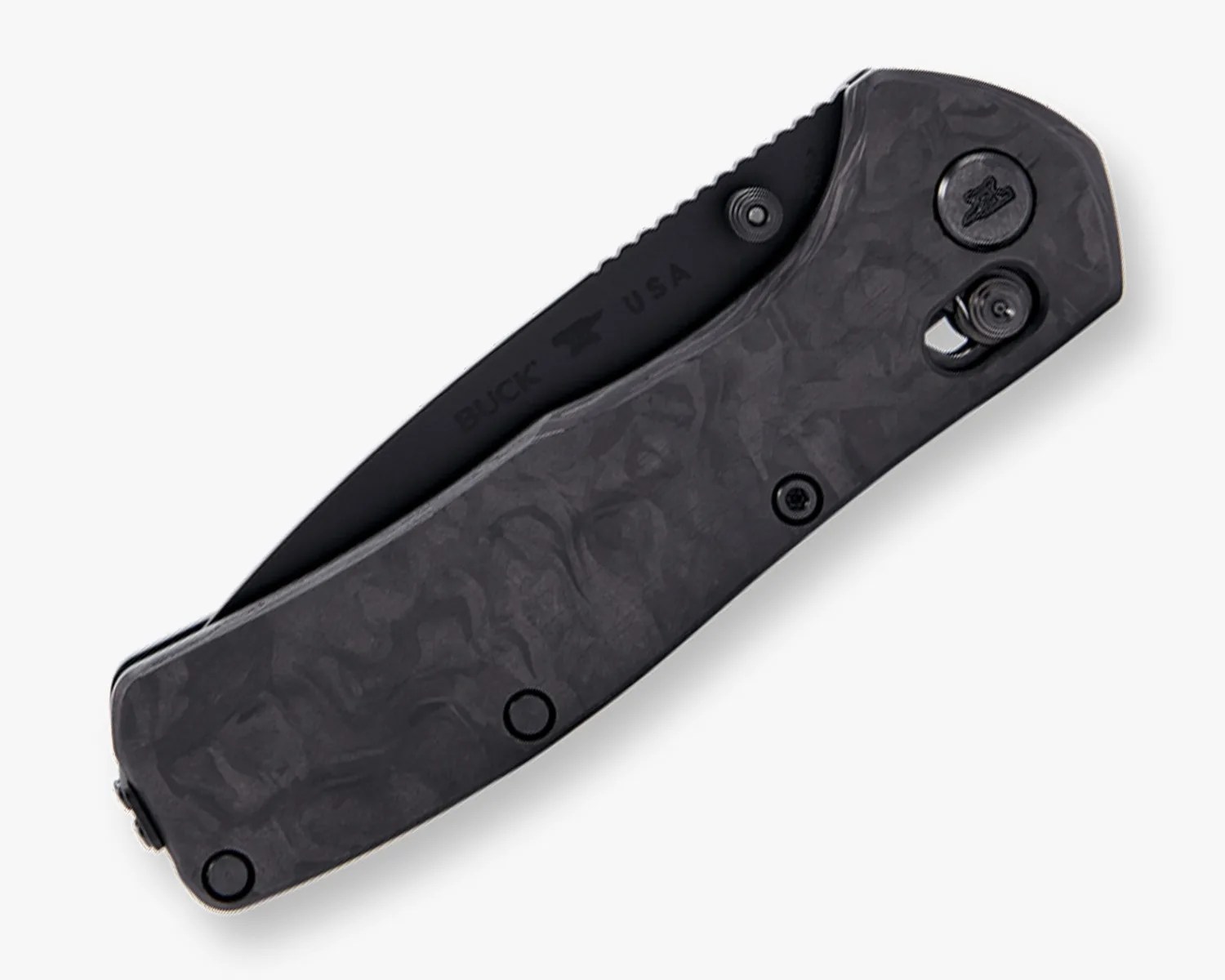 Folded black tactical folding knife with textured handle and partially visible blade marked "BUCK USA.