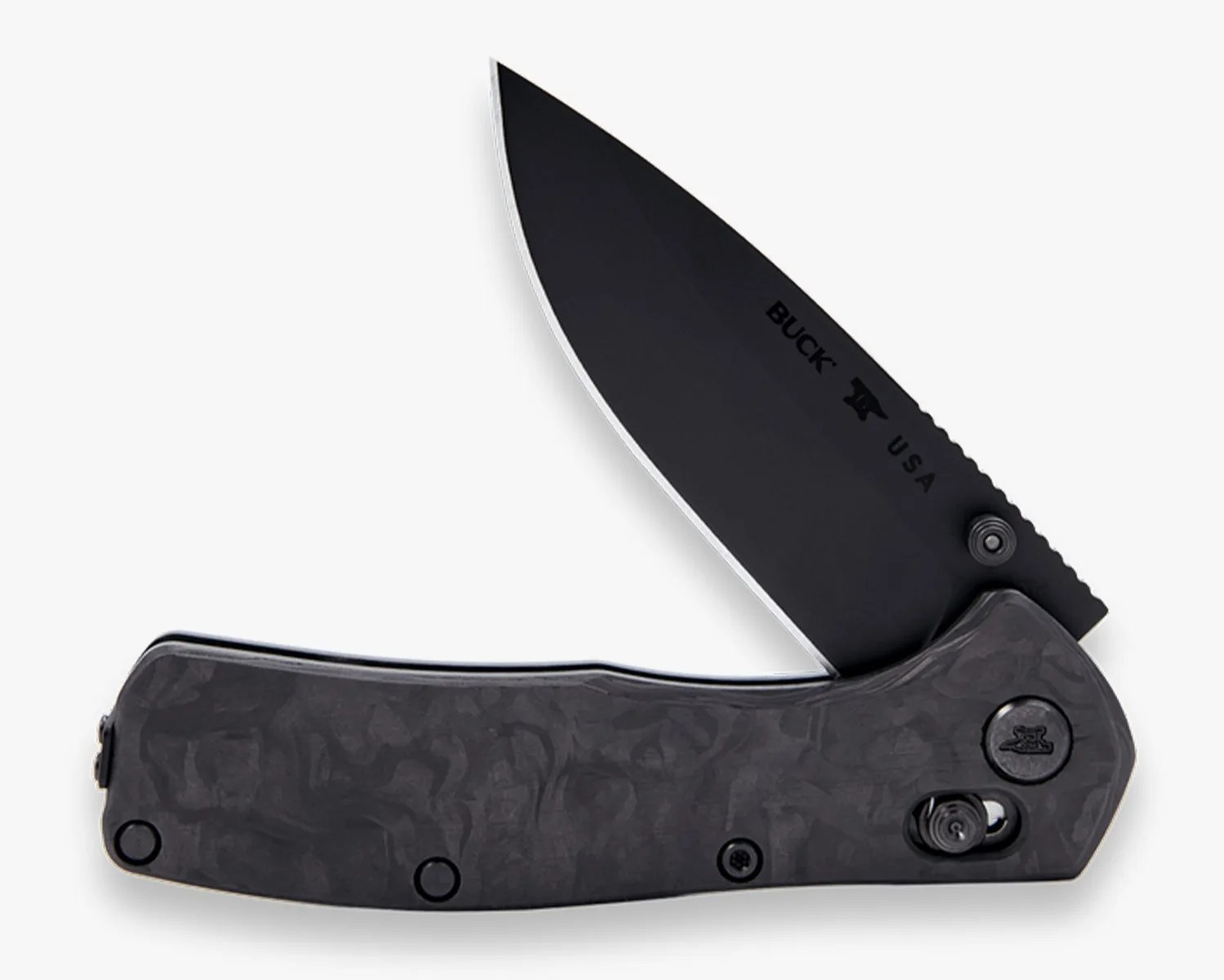 Black folding knife with partially serrated blade and textured dark gray handle.