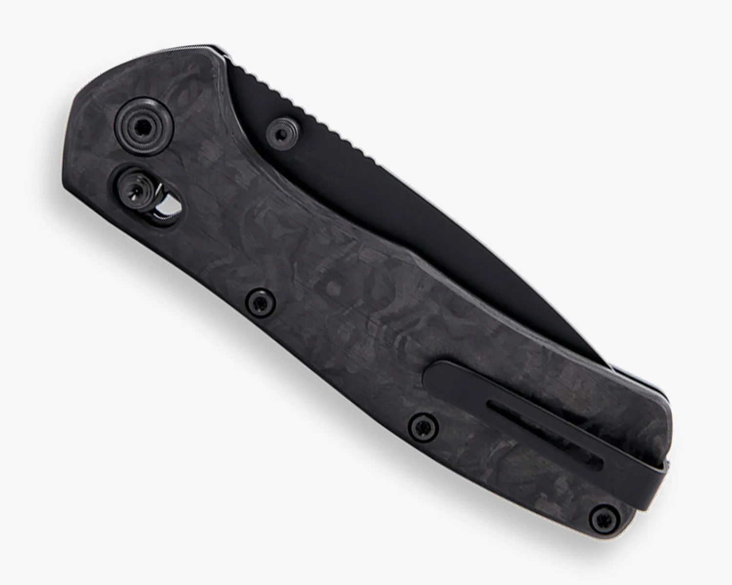Black folding pocket knife with textured handle and pocket clip on a white background.