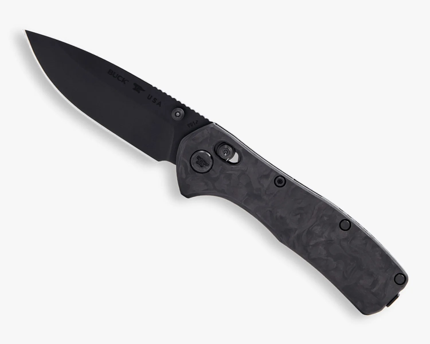 Black folding knife with textured handle and partially serrated blade marked "BUCK USA.