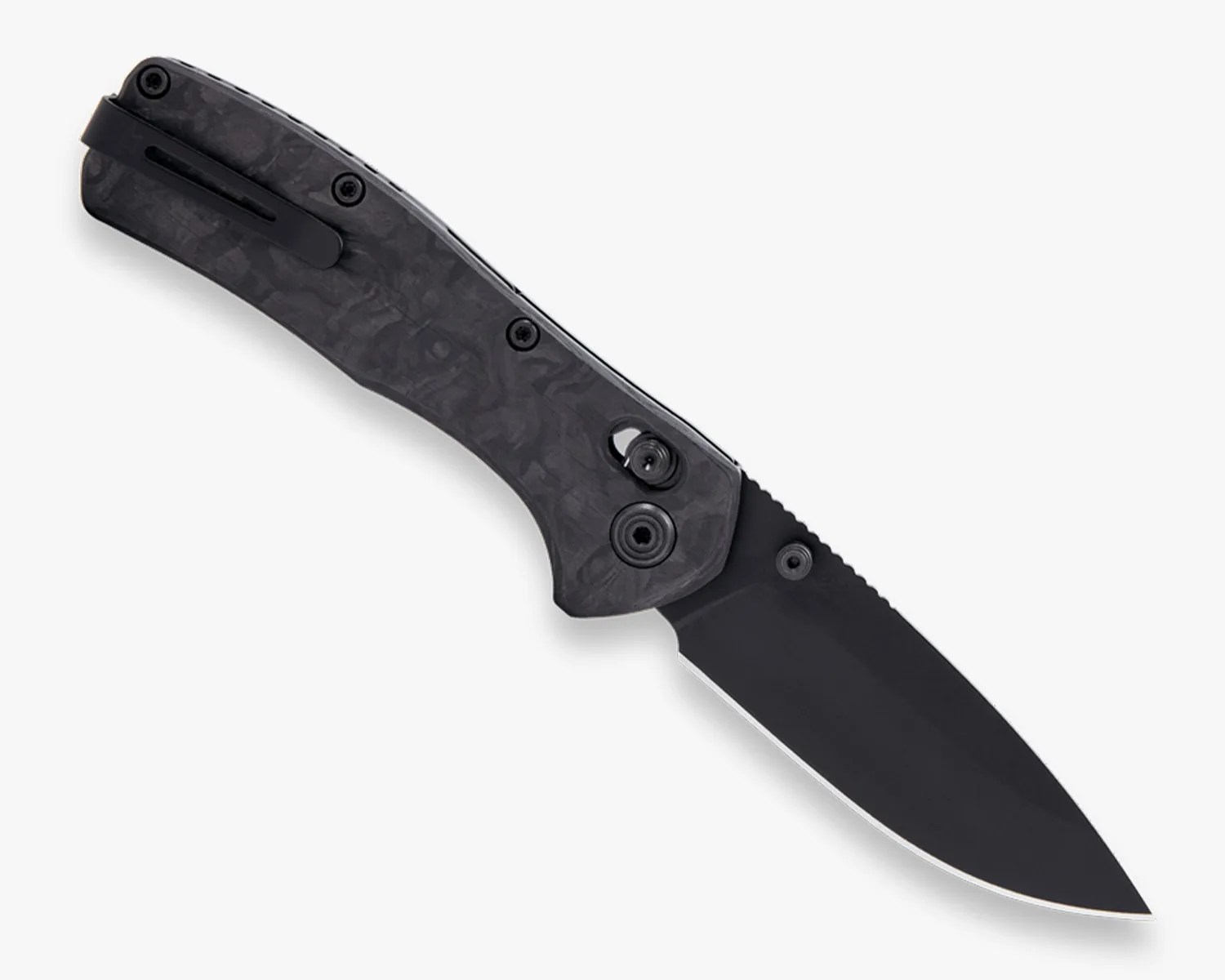 Folding knife with a black textured handle and a partially serrated black blade.