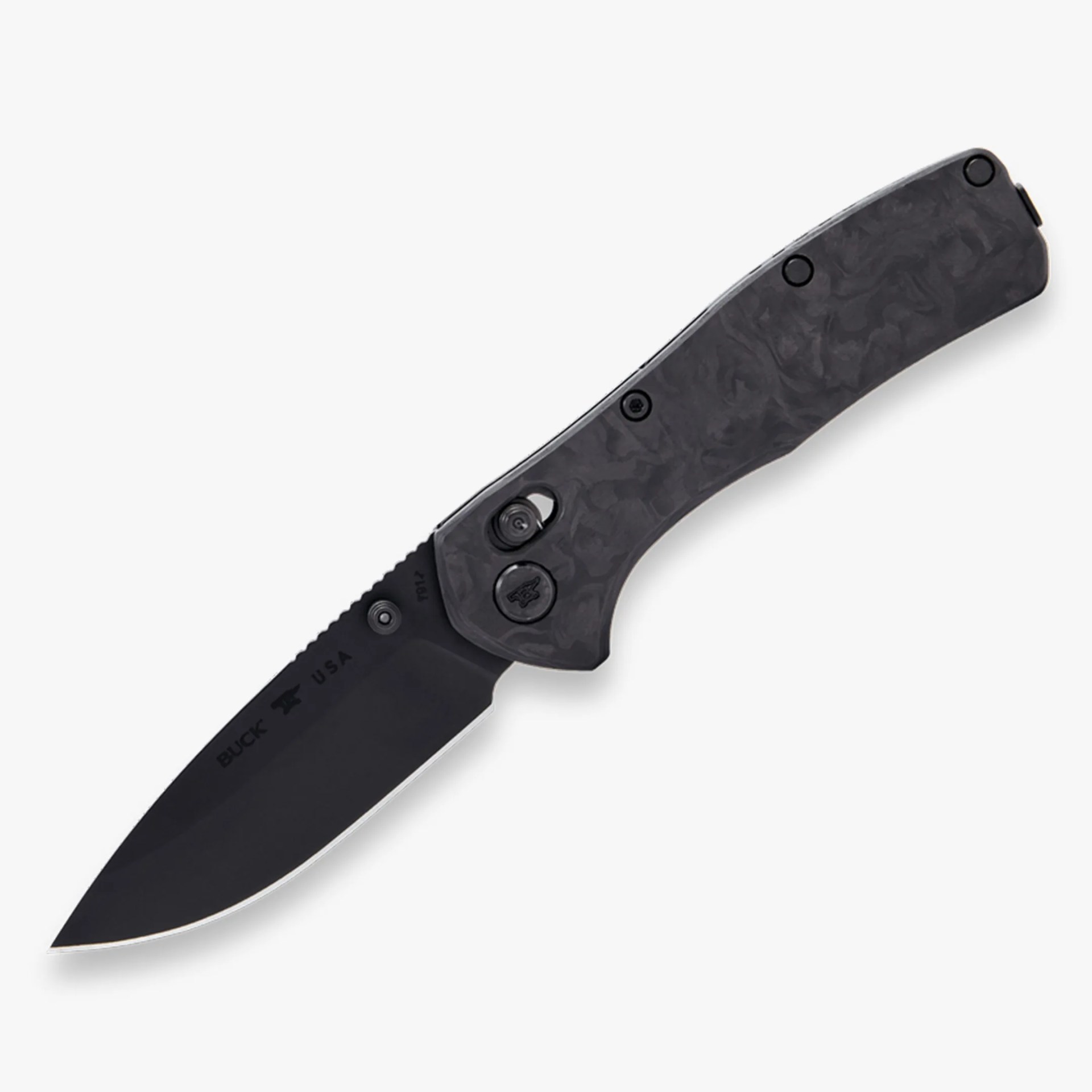 Black folding knife with textured dark gray handle and partially serrated blade.