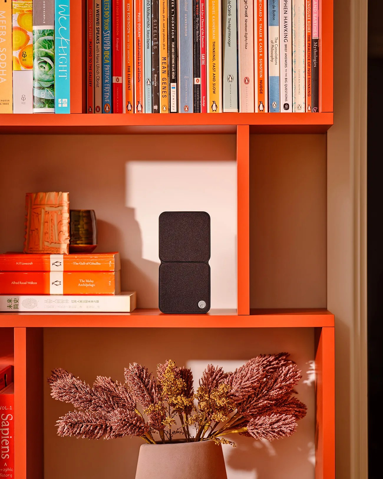 Black rectangular speaker with fabric cover on an orange bookshelf with books and a vase of dried flowers.