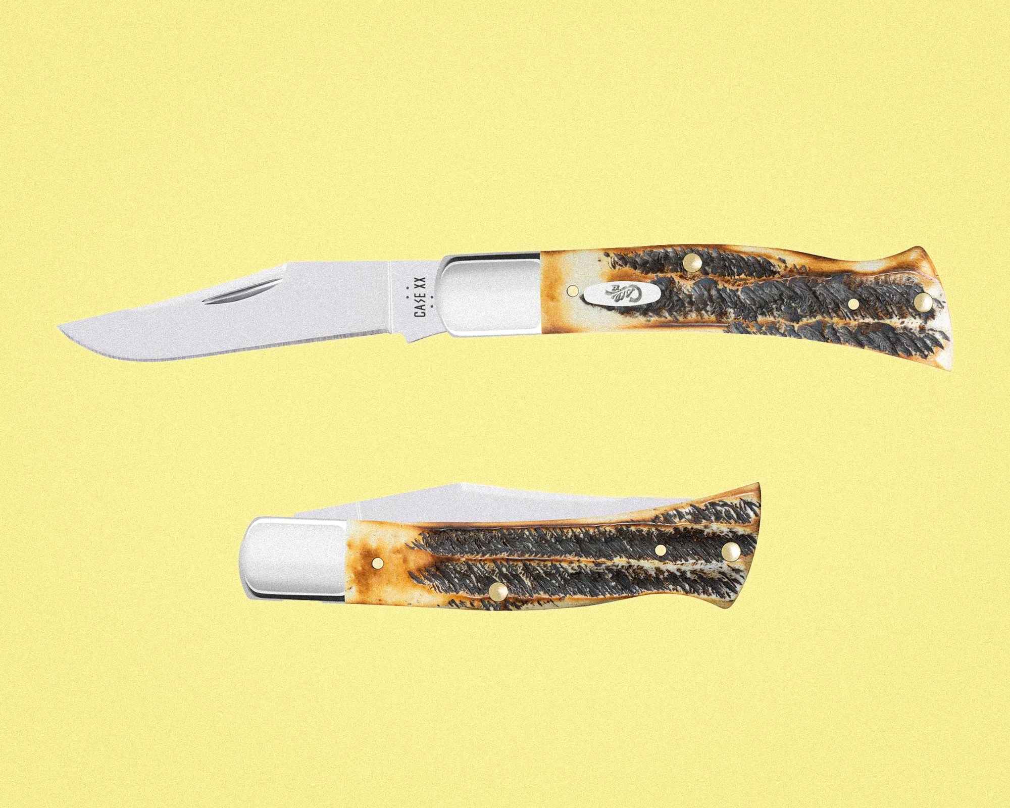 Two folding pocket knives with textured brown and black handles, one open and one closed, on a yellow background.