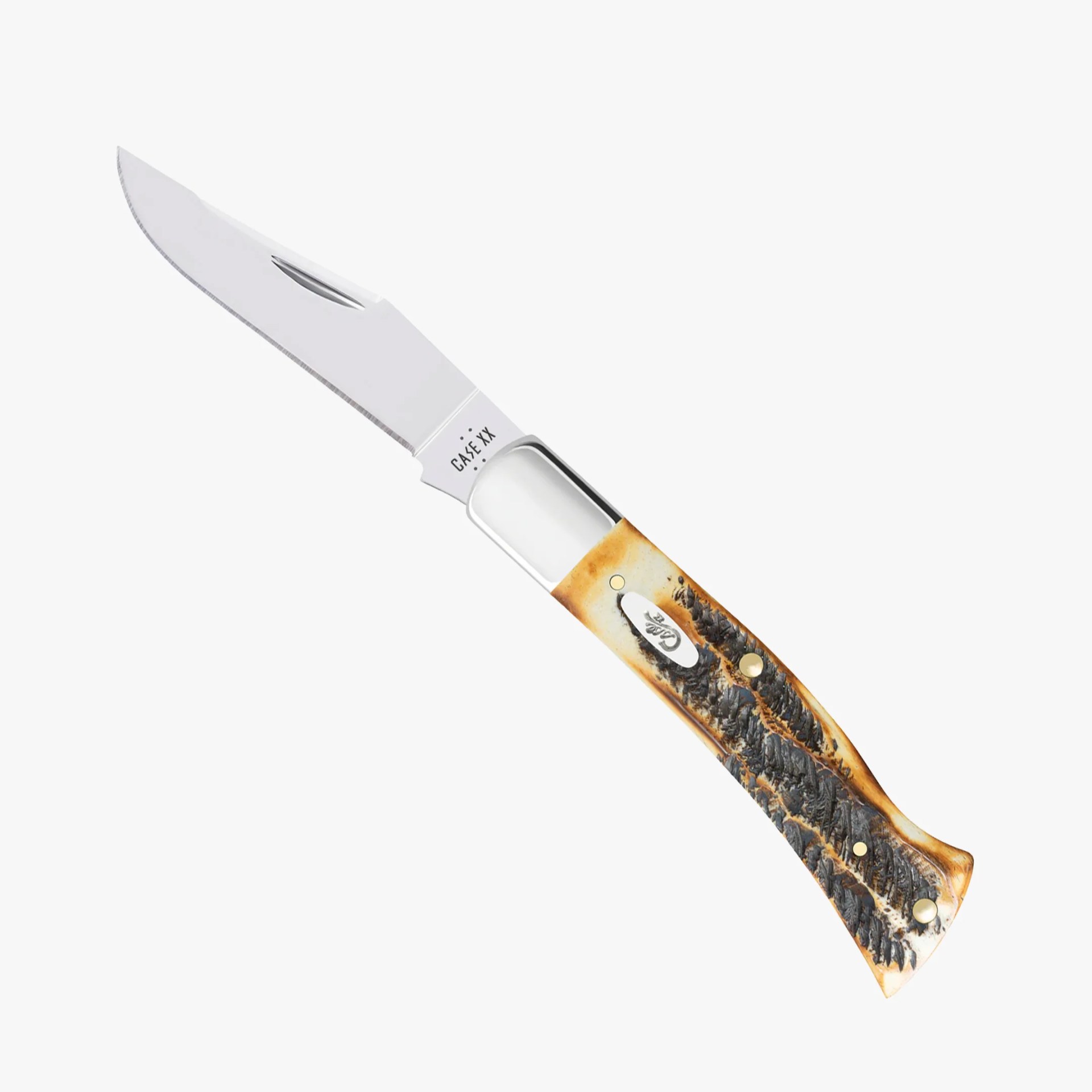 Folding pocket knife with a polished steel blade and a textured brown and black handle.
