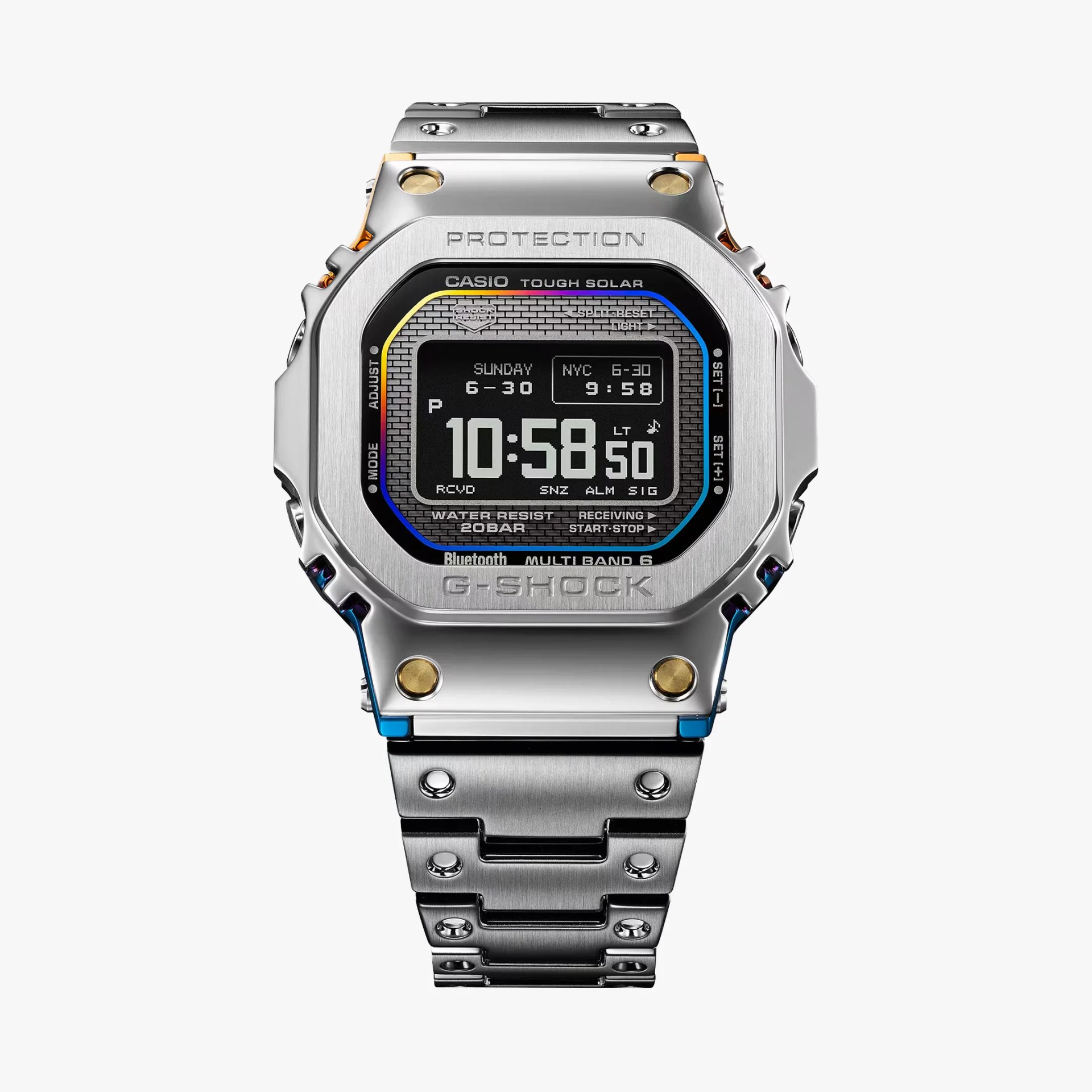 Silver stainless steel Casio G-Shock digital watch with multiband 6, Bluetooth, and solar power features.
