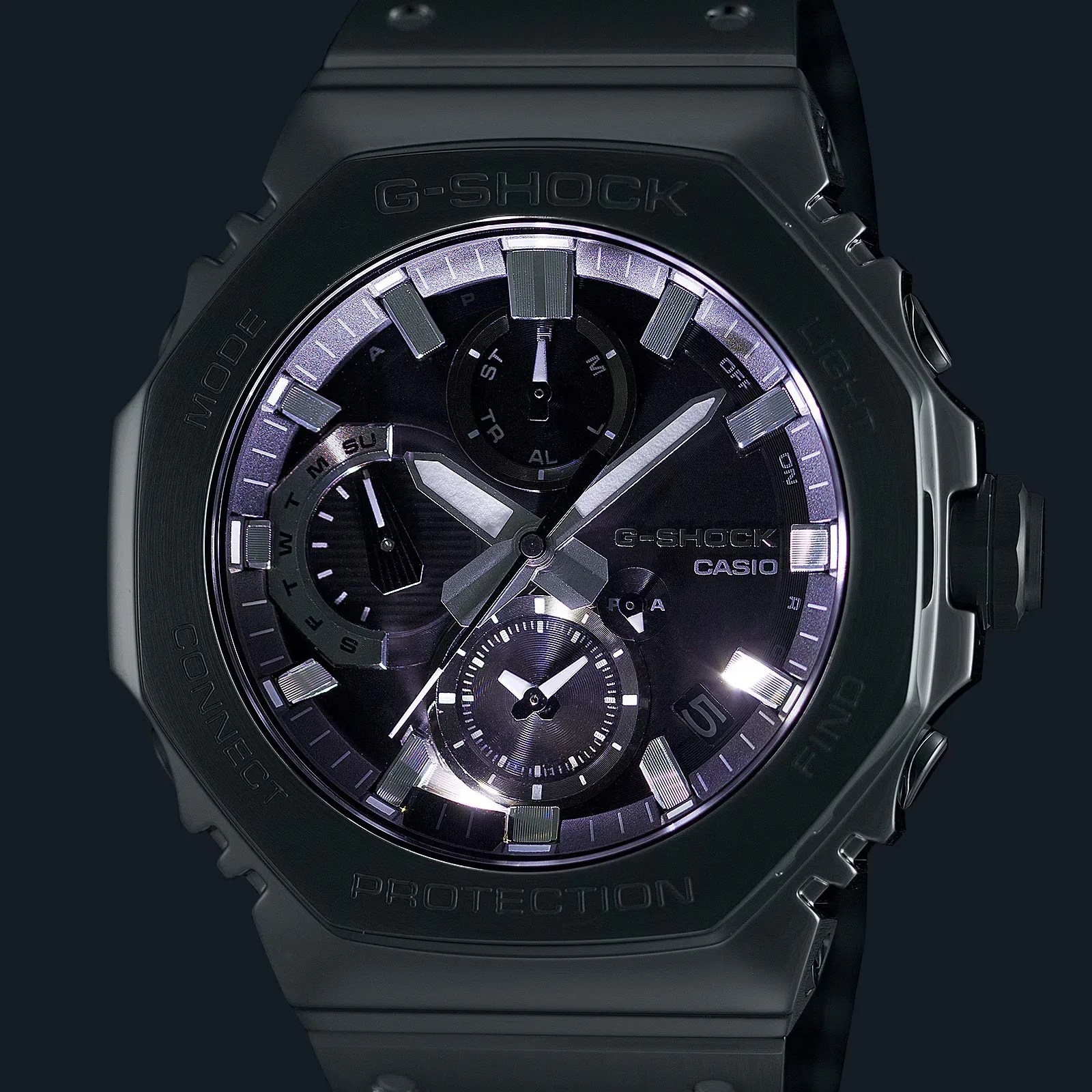 Black Casio G-Shock watch with analog-digital display and multiple subdials on a black strap.