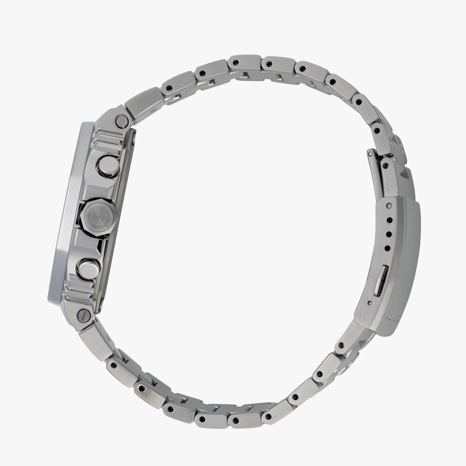 Side view of a silver metal watch with a linked bracelet and multiple buttons on the case.