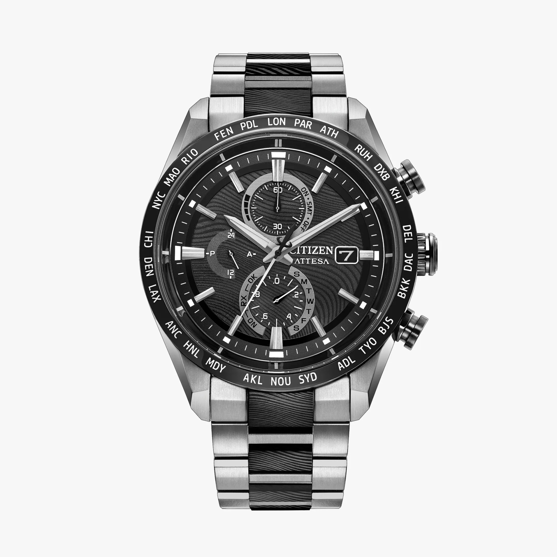Black and silver Citizen Attesa wristwatch with multiple dials and city abbreviations on bezel.