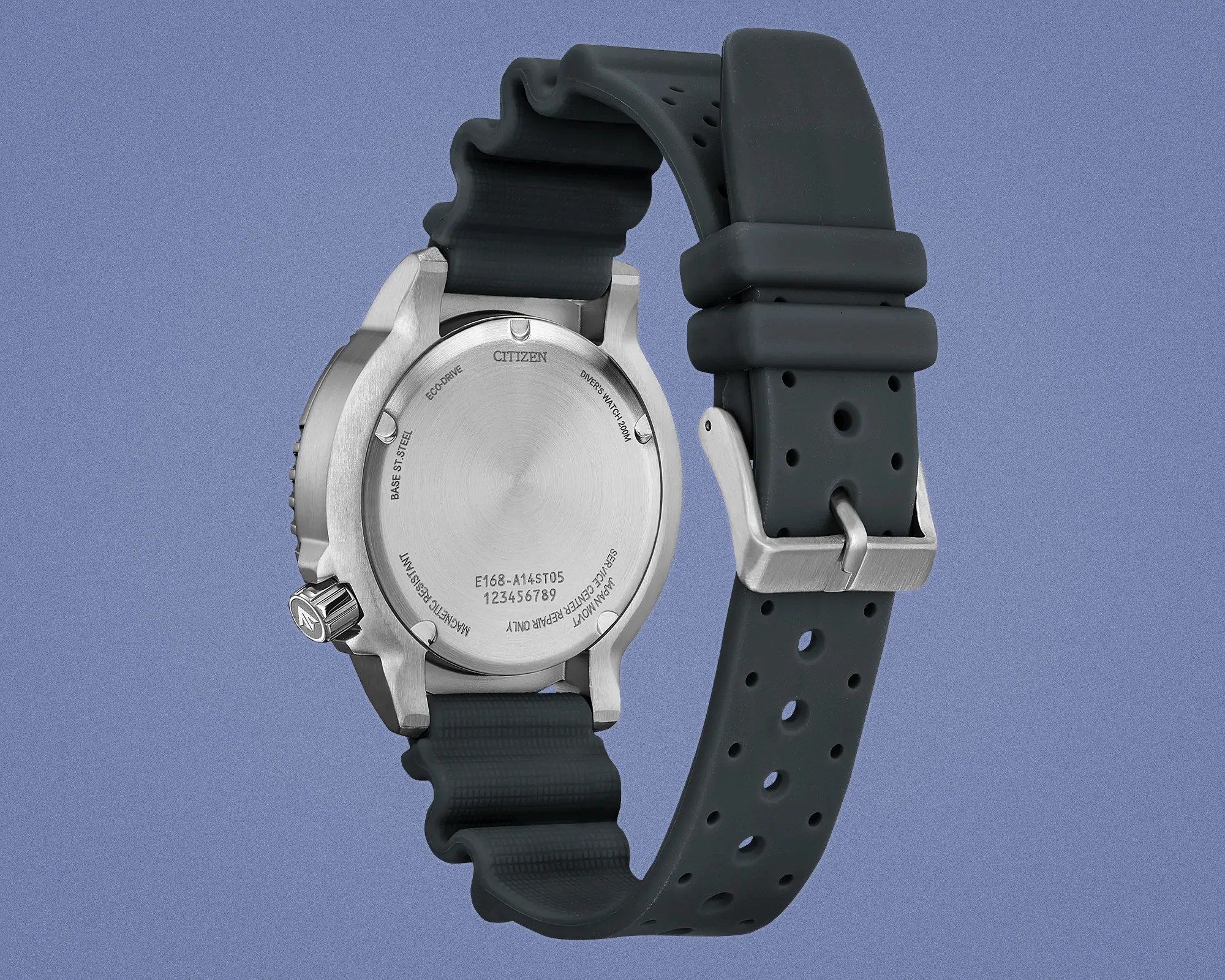 Back view of a Citizen stainless steel diver's watch with a black perforated rubber strap and metal buckle.