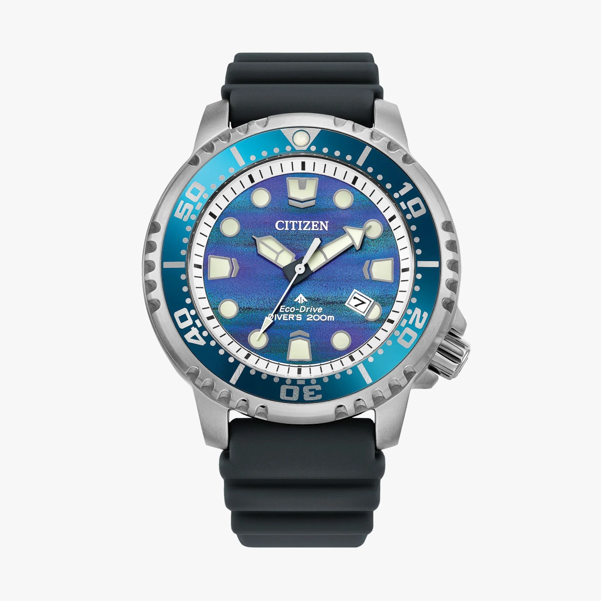 Citizen Eco-Drive diver's watch with blue dial, silver bezel, and black rubber strap.