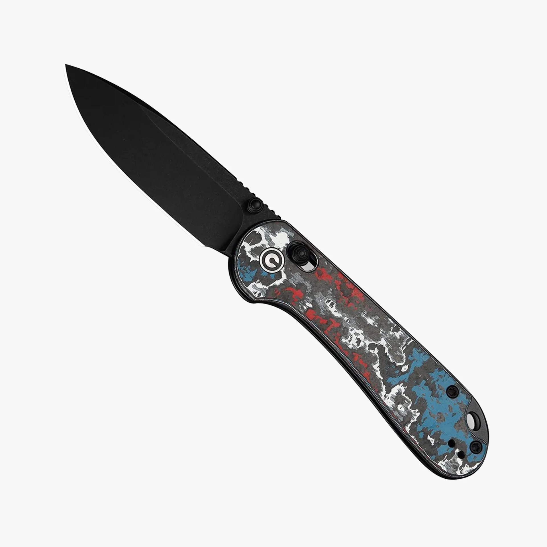 Folding knife with black blade and handle featuring a red, white, and blue marbled pattern.