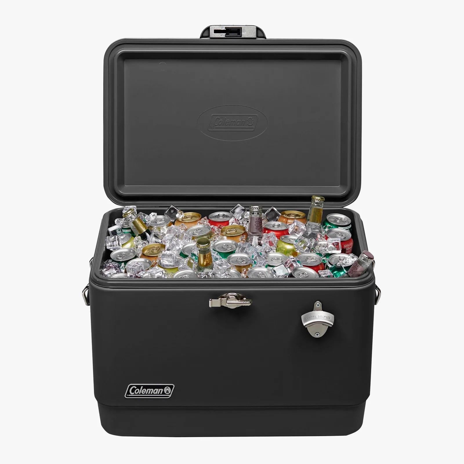 Black Coleman cooler filled with ice, assorted cans, and bottles with an open lid.