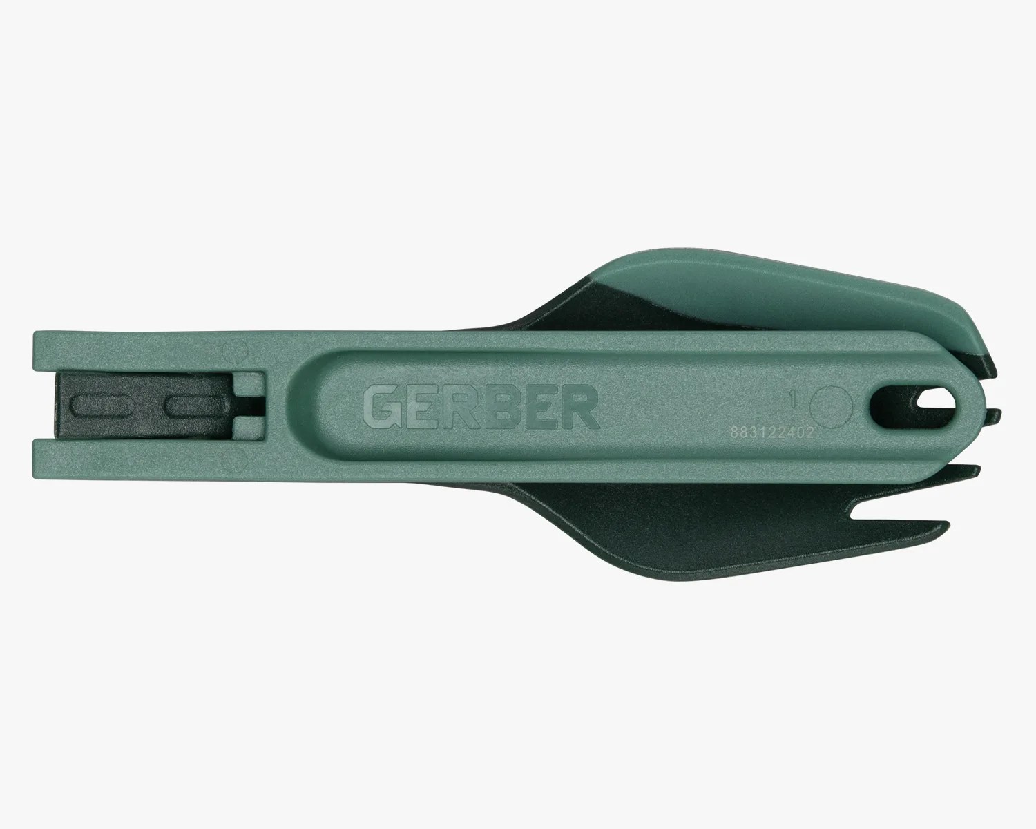 Green and black Gerber multitool with a flat, compact design and a bottle opener.