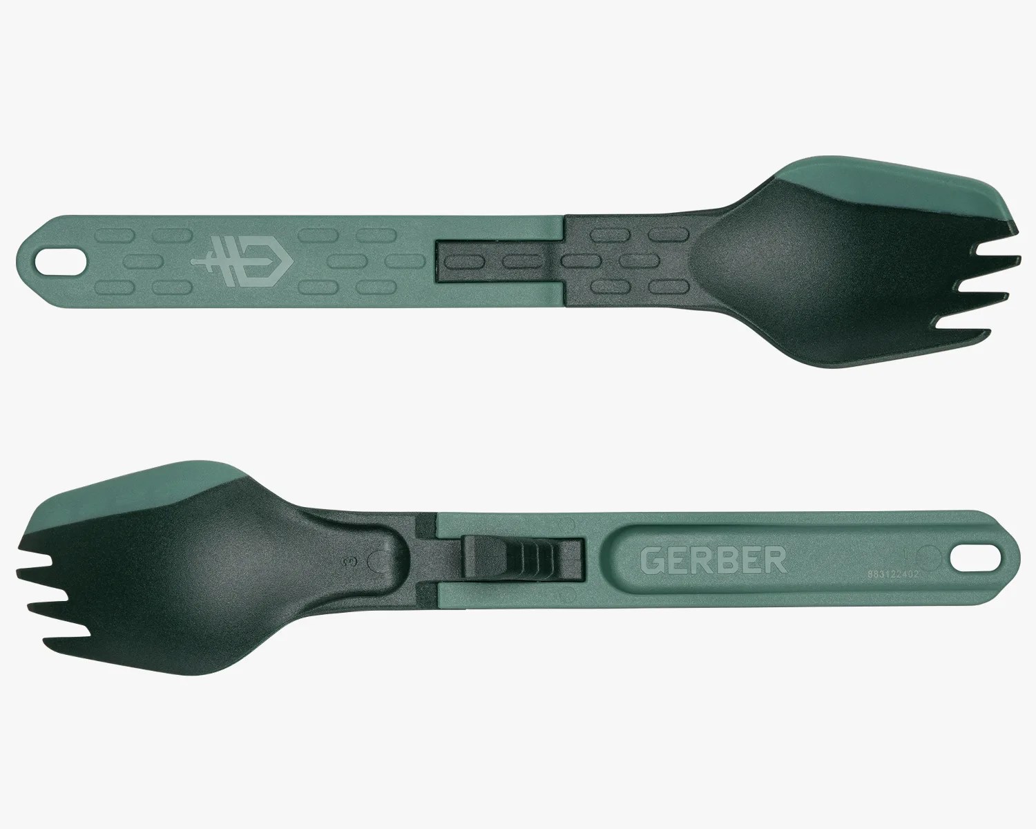 Green and black Gerber folding spork with a textured handle and a locking mechanism.