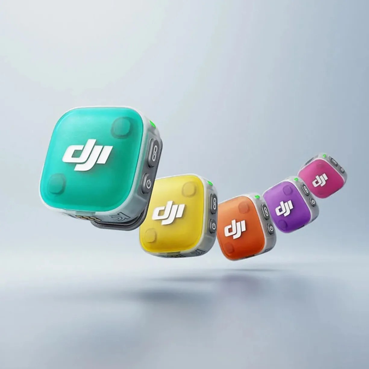 Five colorful DJI action cameras in teal, yellow, orange, purple, and pink floating in a row against a light gray background.